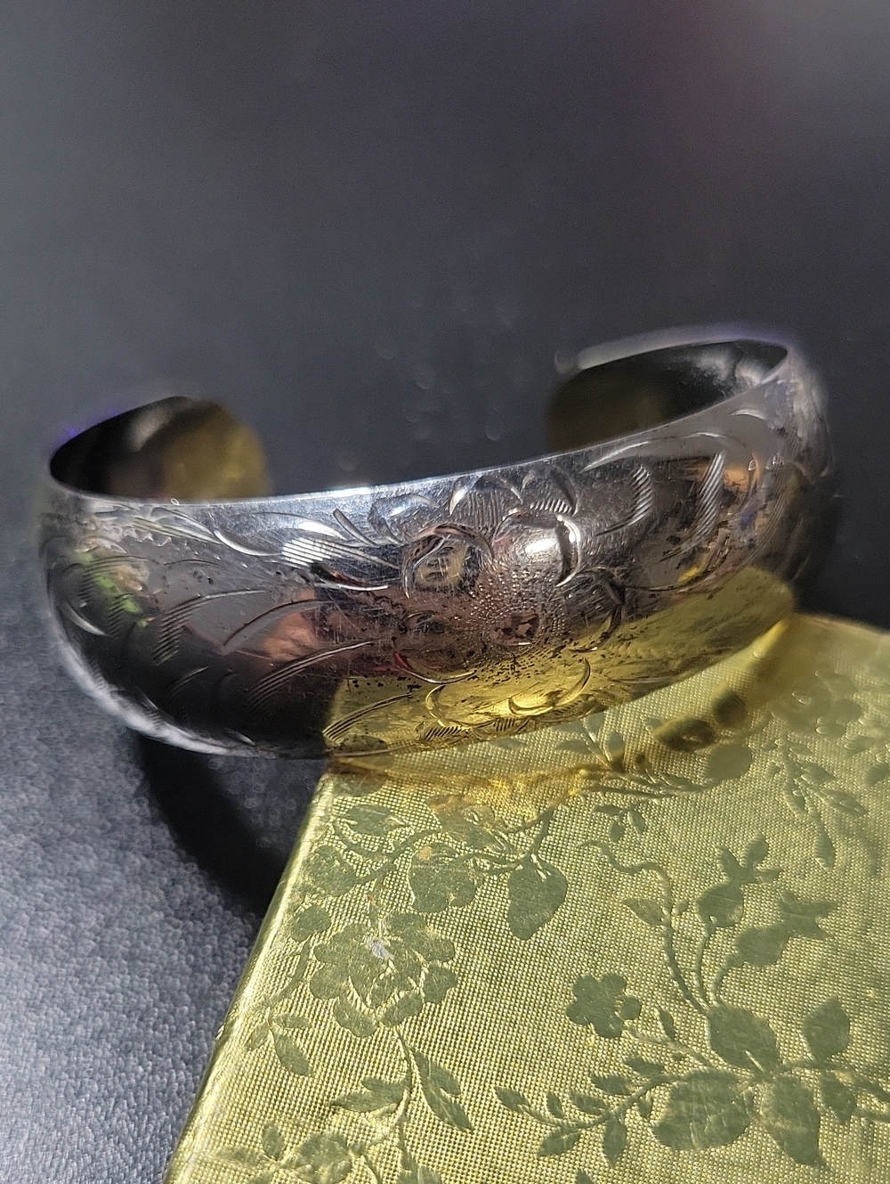 Sterling Silver-Color Floral Engraved Cuff Bracelet